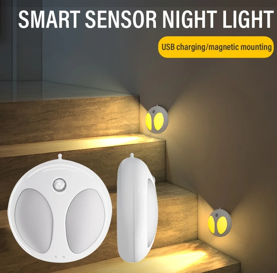 Inteligente LED Motion Sensor Night Light, Sensor de Movimento Recarregável, Parede Magnética, 3 Modos de Luz, 1/2 Peça