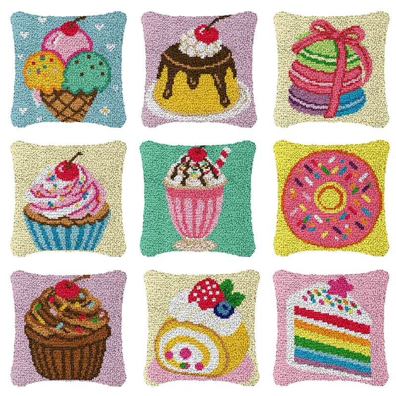 Kits de ganchillo para cojines con diseño de helado y café, Smyrna kussen, Knopen, Knoopkussen Pakket, Coussin, Loquet Kussen Haken
