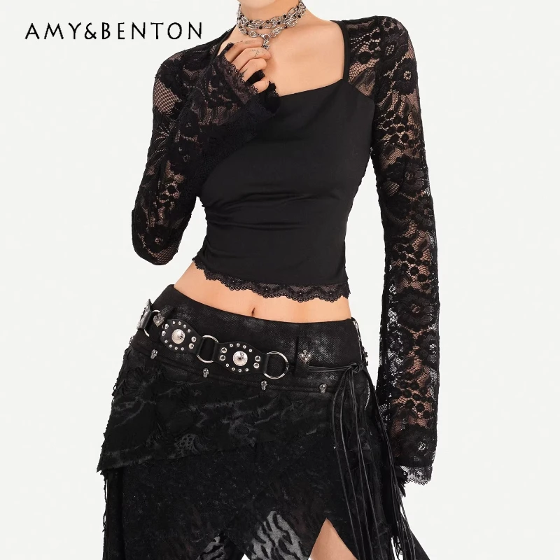 

Gothic Dark Style Lace Hollow Out Women's T-shirt 2026 Spring Hot Girl Punk Sweet Cool Sexy Long Sleeve Bottoming Shirts Ladies