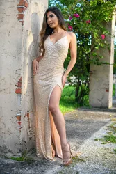 Sparkly Full Sequined Mermaid Eveing Dress Sexy Leg Slit Spaghetti Straps V Neck Prom Dresses Long Luxury Wedding Party Dress