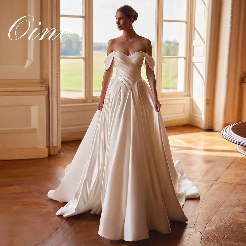 Oine 2026 Elegant A-Line Wedding Dresses Removable Sleeves Off the Shoulder Beading Pleat Bridal Dress Customized Sweep Train