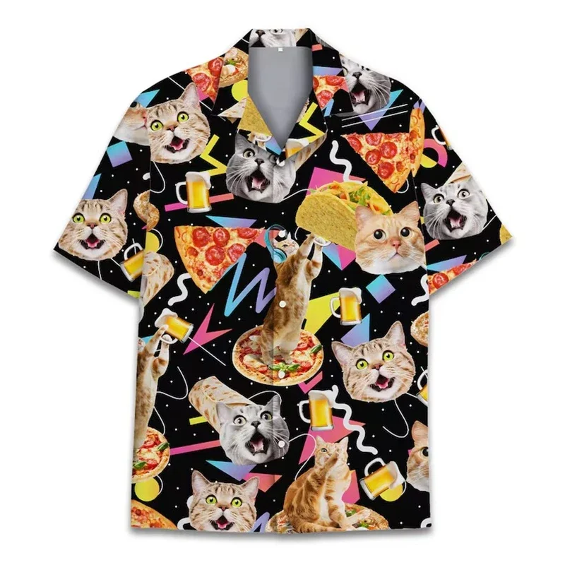 Men's Fun Hawaiian Shirt, 3D Musical Cat Print, Beach Sweatshirt Street Designer, Short Sleeve Shirt High Quality Men's Clothing