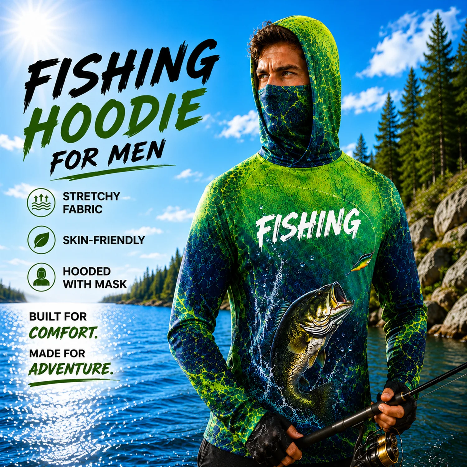 Men Fishing Hoodie UPF 50+ Sun Protection Face Mask Neck Gaiter Breathable Quick Dry Moisture Wicking Outdoor T-Shirt Jersey