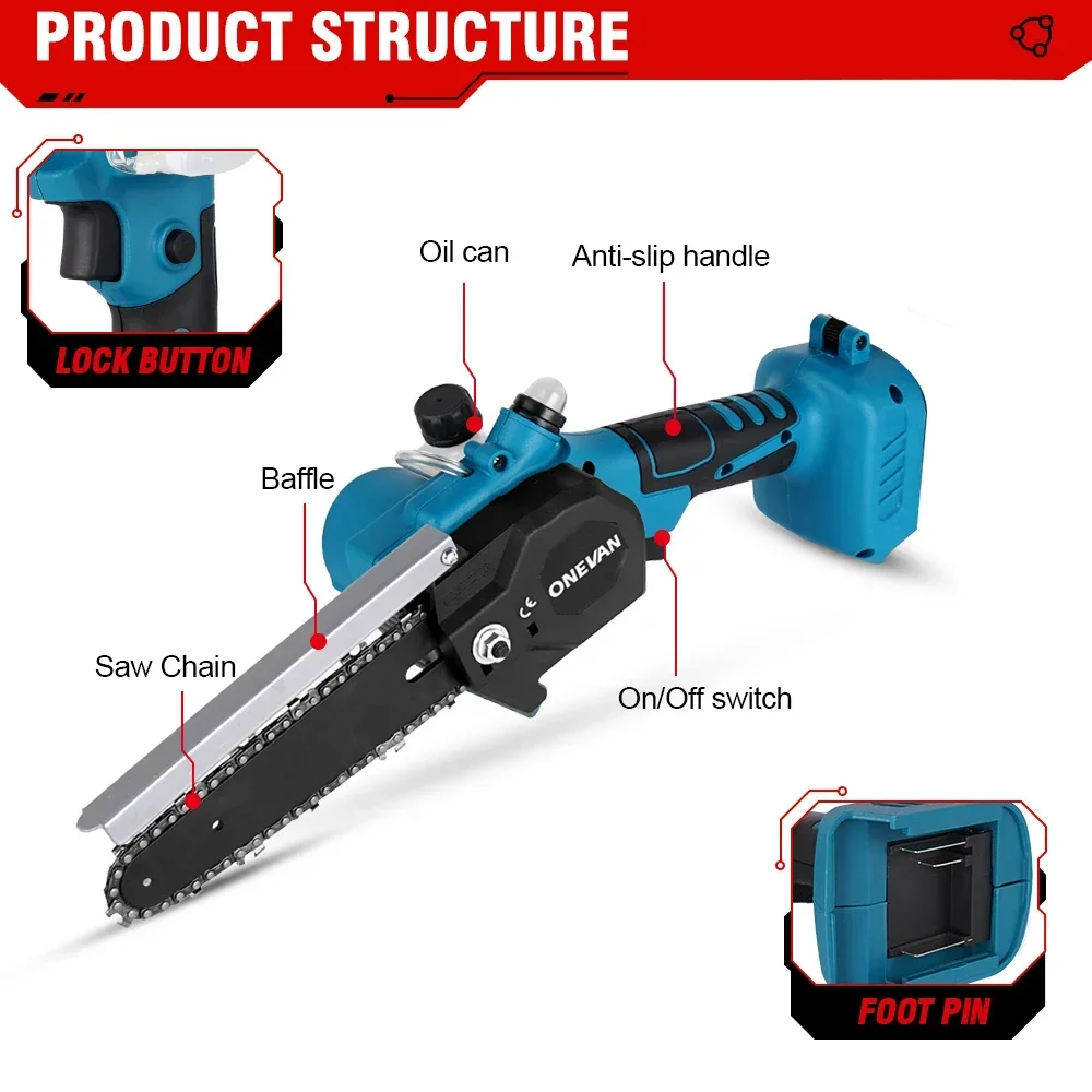 ONEVAN 3000W 18V 6 Inch Electric Saw Chainsaw with 1/2 Battery Oil Spray Rechargeable Woodworking Tool for Makita 18V Battery