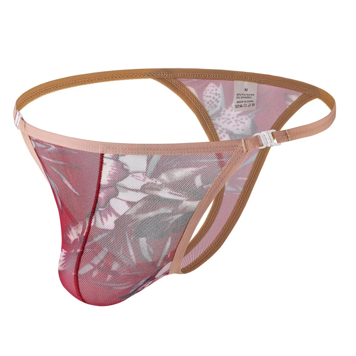 

Men Floral Mesh Thong Adjustable Thin Strap Low Waist Hollow Out Breathable See Through Sexy Male G-string Underwear