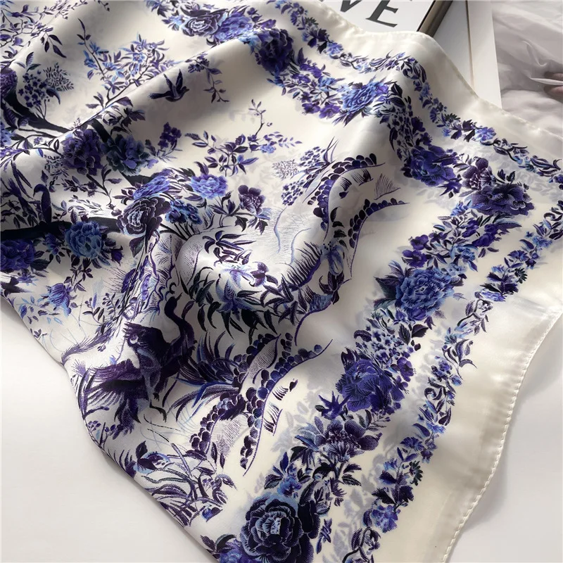 Luxury Plant Floral Print Square Scarf for Women Satin Fashion Wraps Neckerchief Female Hair Bands Headband Bandana