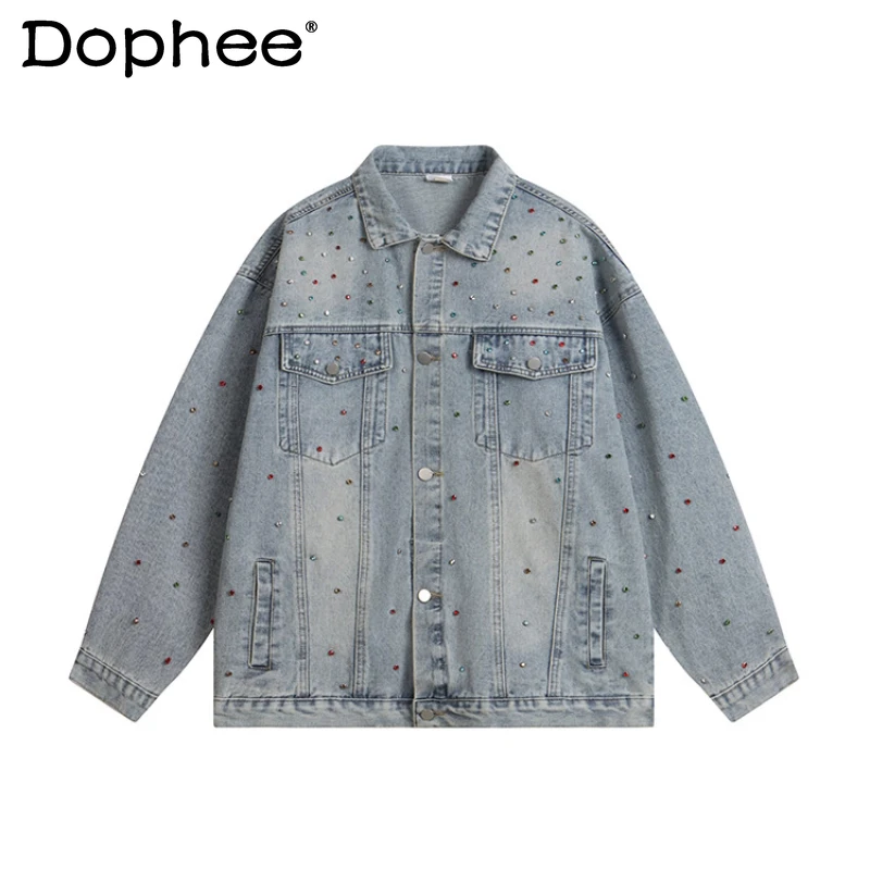 

Men Women 2025 Autumn New Loose Comfort Tops Men's American Style Retro High Street Denim Coats Full Diamond Denim Jacket Coats