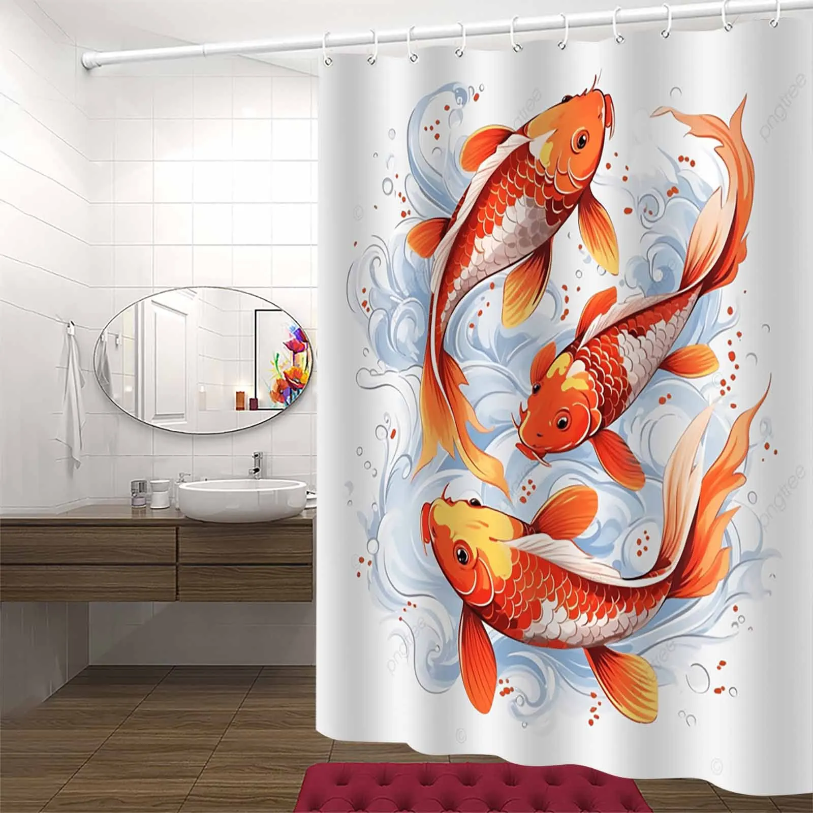JIT1pcs Minimalist New Chinese Style Transfer Koi Goldfish Shower Curtain, High-end Elegant and Anti Fog Bathroom Curtain, Multi