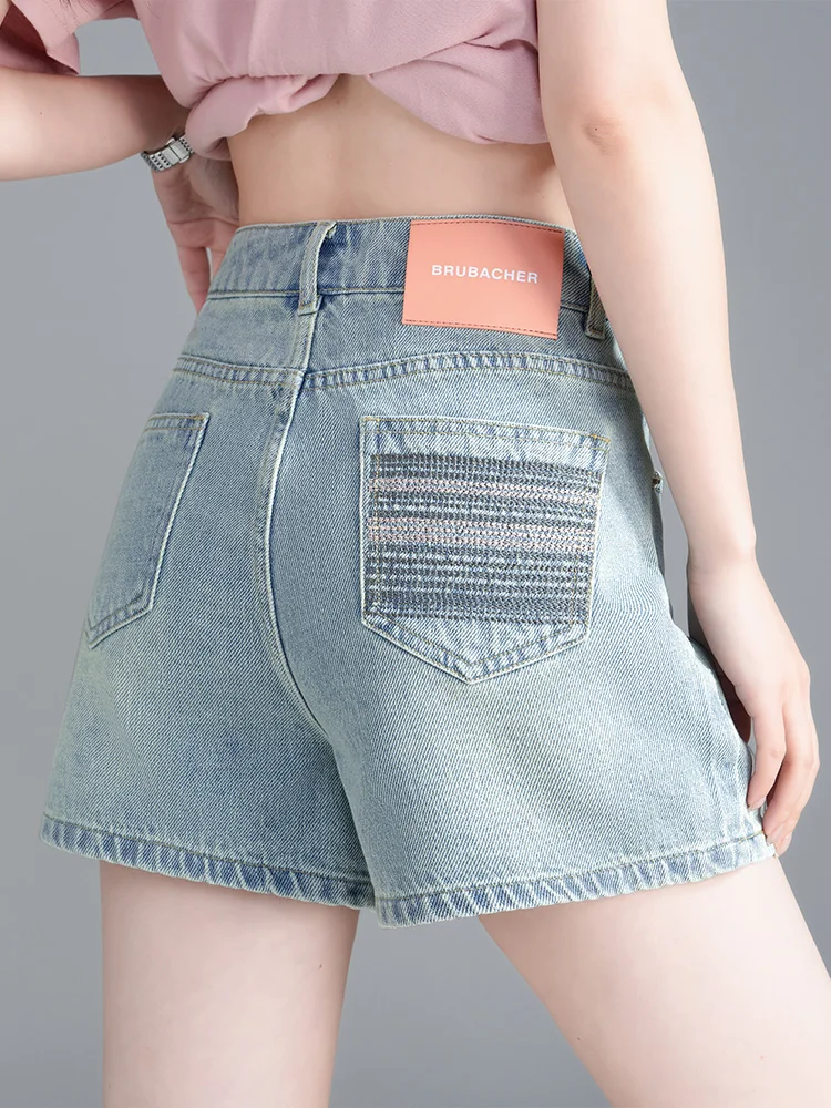 

High Waist Short Jeans Women Summer Thin New Small Size Loose Slim A-Line Embroidery Wide Leg Hot Pants Cotton Stretch Denim