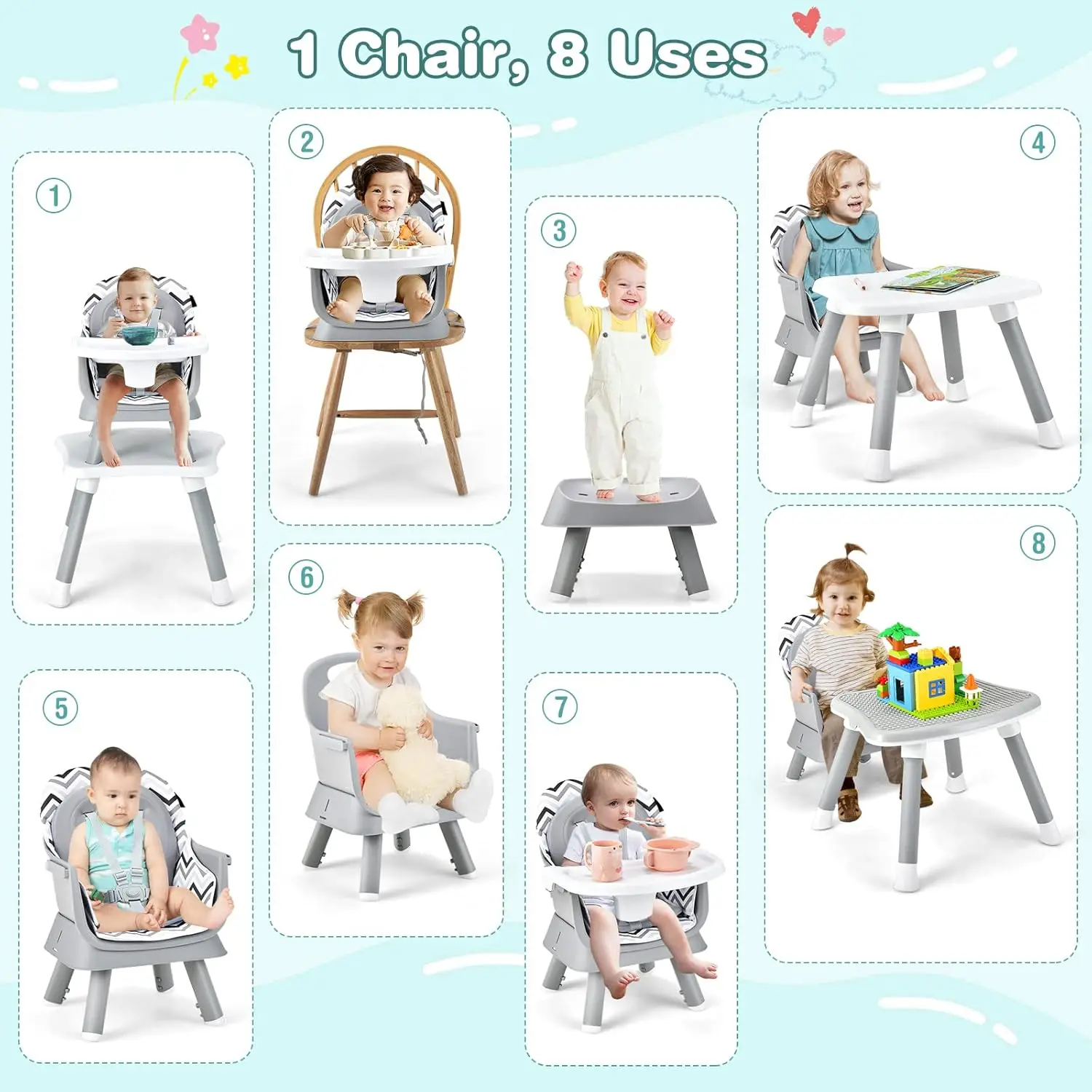 8 in 1 Baby High Chair, Convertible Highchair for Babies and Toddlers/Table and Chair Set/Building Block Table