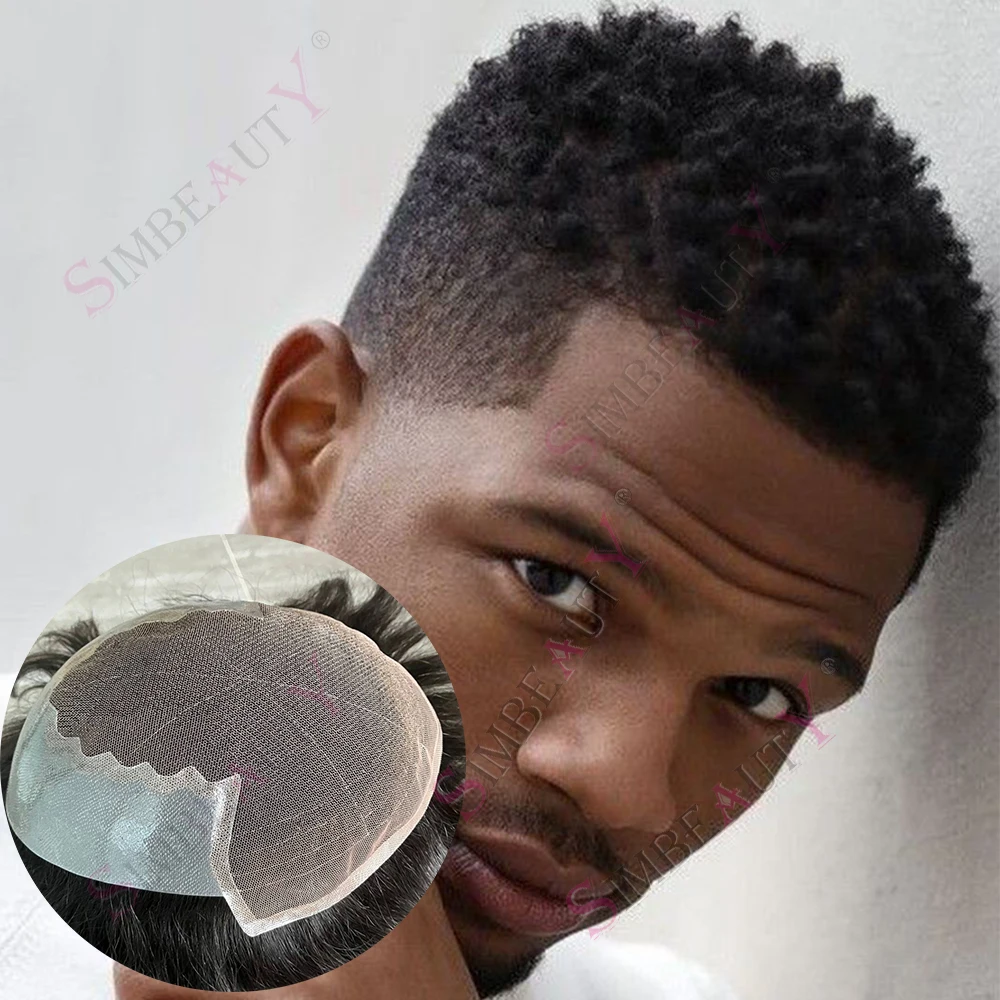 6mm Afro Tight Curly Durable Q6 Lace Front&PU New Men Toupee 100% Human Hair Wig 4mm kinky Curl Weave Prosthesis Invisible Knots