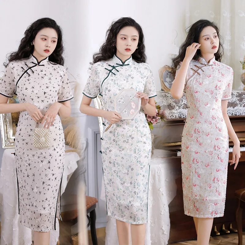 

Summer Floral Print Chinese Qipao Dress Mid Length Double Chiffon Slim Fit Cheongsam Chinese Style Dress Women Платья CH-034