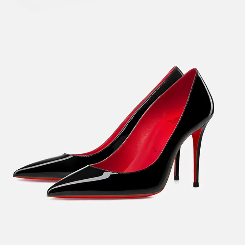 Sharp pointed, shallow mouth, thin heels, sexy high heels, red lined single shoes, black patent leather professional work shoes