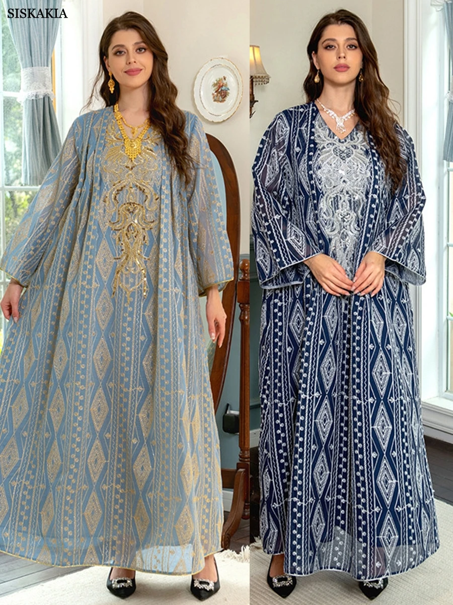 Gorgeous Party Evening Dresses for Women Dubai Muslim Vintage Ethnic Sequin Gold Thread Embroider Abaya Moroccan Kaftan Siskakia