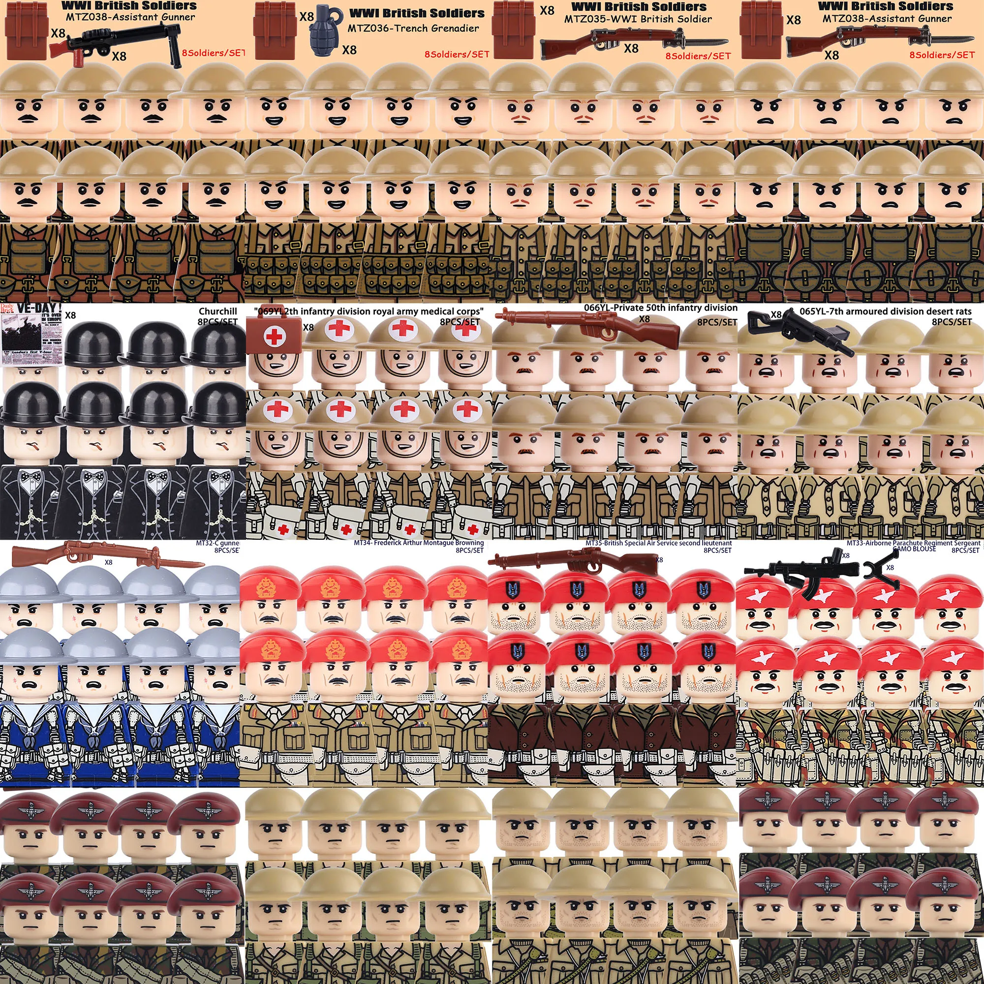 MOC WW1 British Soldiers Figures Building Blocks WW2 Military Infantry Army Helmets Cap Weapons Gun Bricks Toys Boys Gift