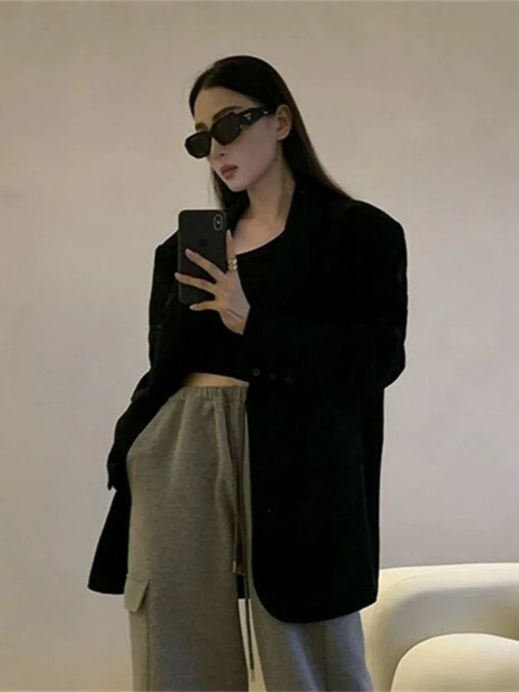 Blazer a maniche lunghe larghi da strada alla moda Cappotto da donna da ufficio casual con bottone singolo All-match Blazer da donna vintage solido