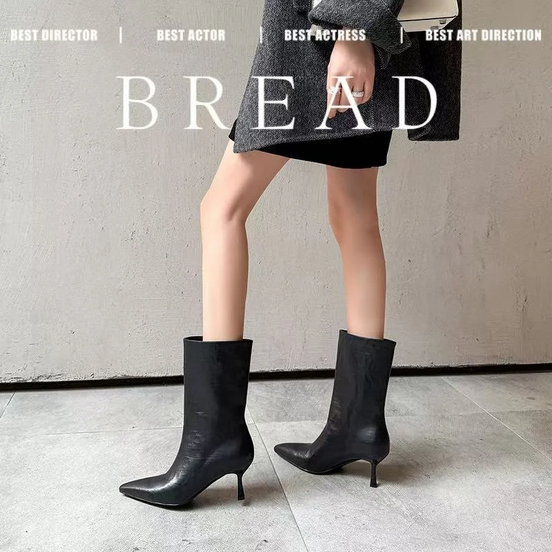 2026 autumn winter women mid-calf boots natural leather 22-25cm split leather+microfiber+pigskin/plush pointed toe women boots