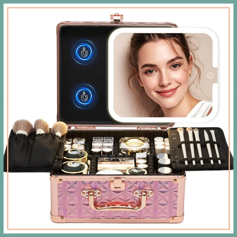 

Travel Makeup Case with Detachable Lighted Mirror, Pink Cosmetic Organizer with Adjustable Dividers & Magnetic LED Mirror