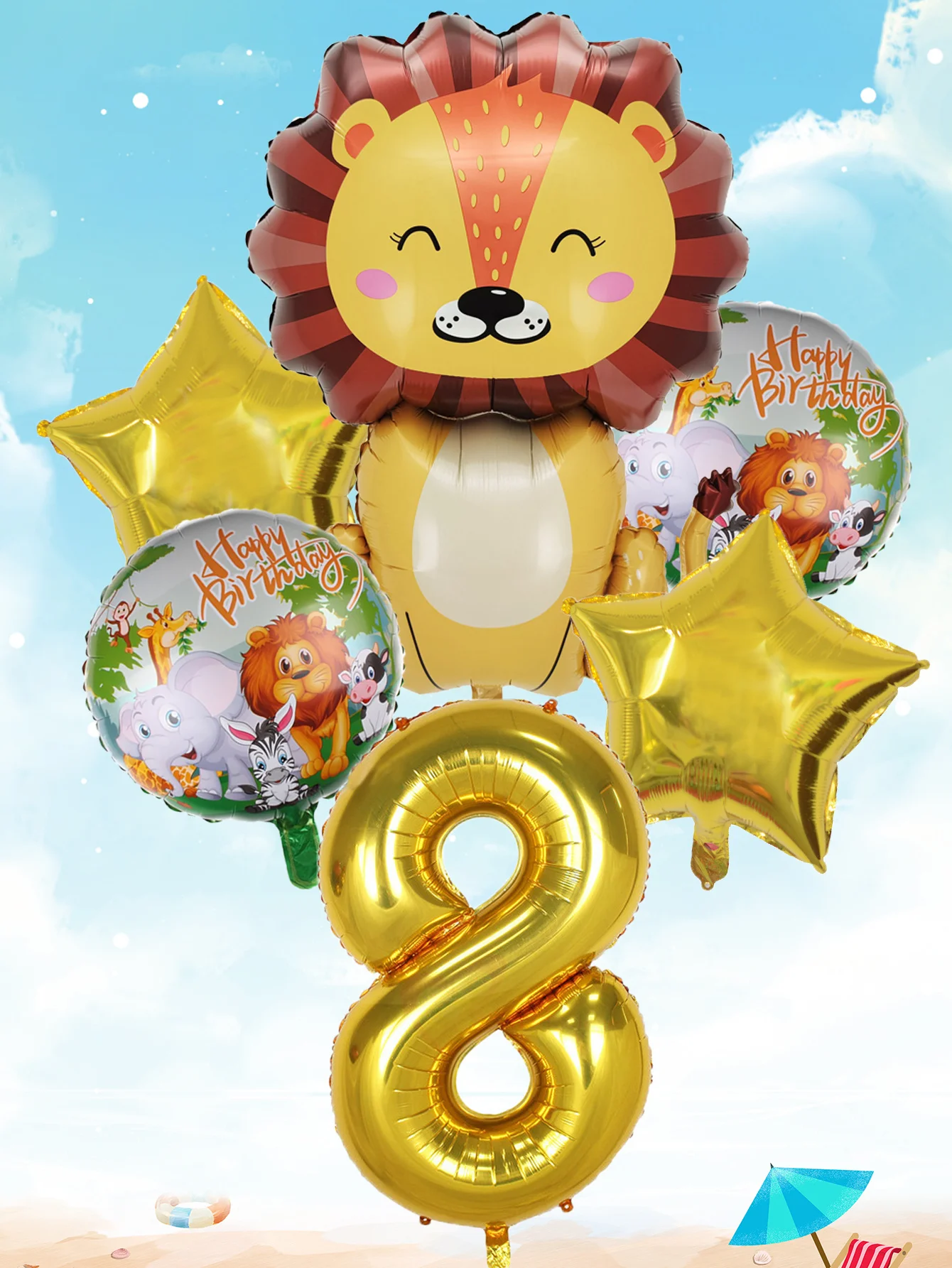 6pcs Gold Large Lion Number Foil Balloons Animal Helium Balloon Children\'s Birthday Party Decorations Kids Inflatable Toys