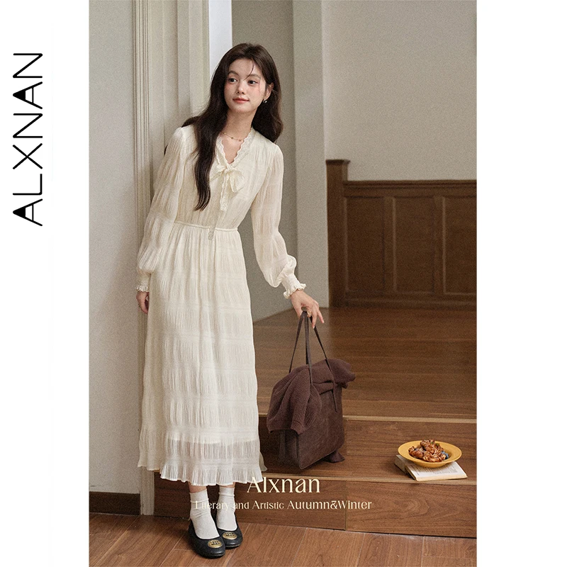 

ALXNAN Women's Long Dress French Romantic Vacation Apricot V-neck Bow Dress A-line Elegant Long Sleeve Clothing L569108