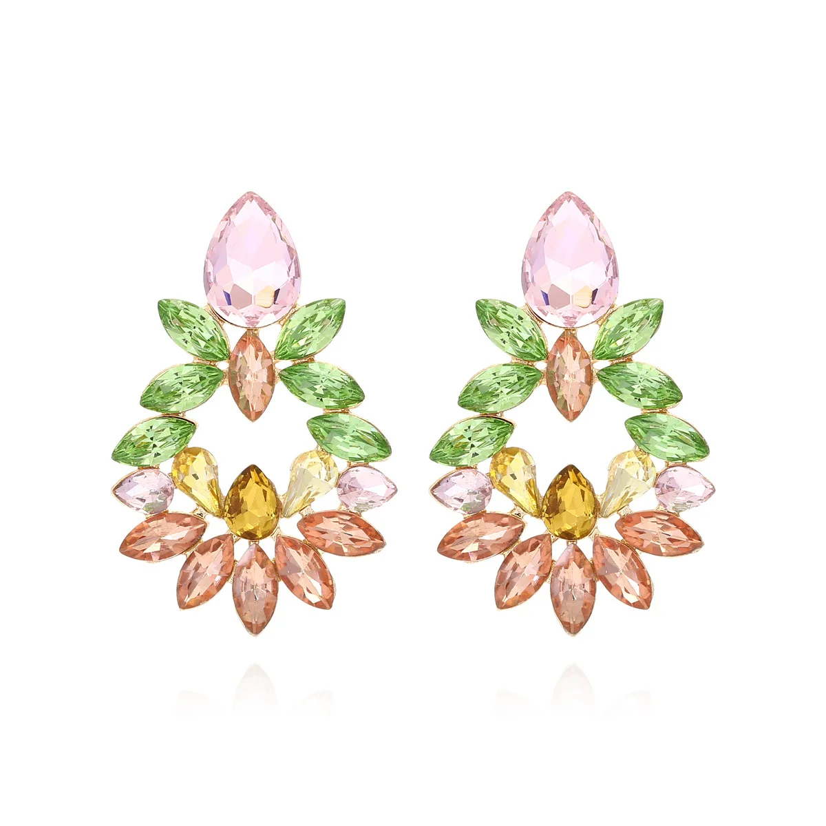 Exaggerated light luxury super flash glass colored diamond flower earrings fashion temperament alloy inlaid with diamond earring