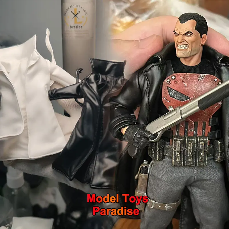 

{No Figure} DIY 1/12 Scale Men Soldier Collar Long Leather Jacket Model Clothes Fit 6inch Mezco Punisher Action Figure Body