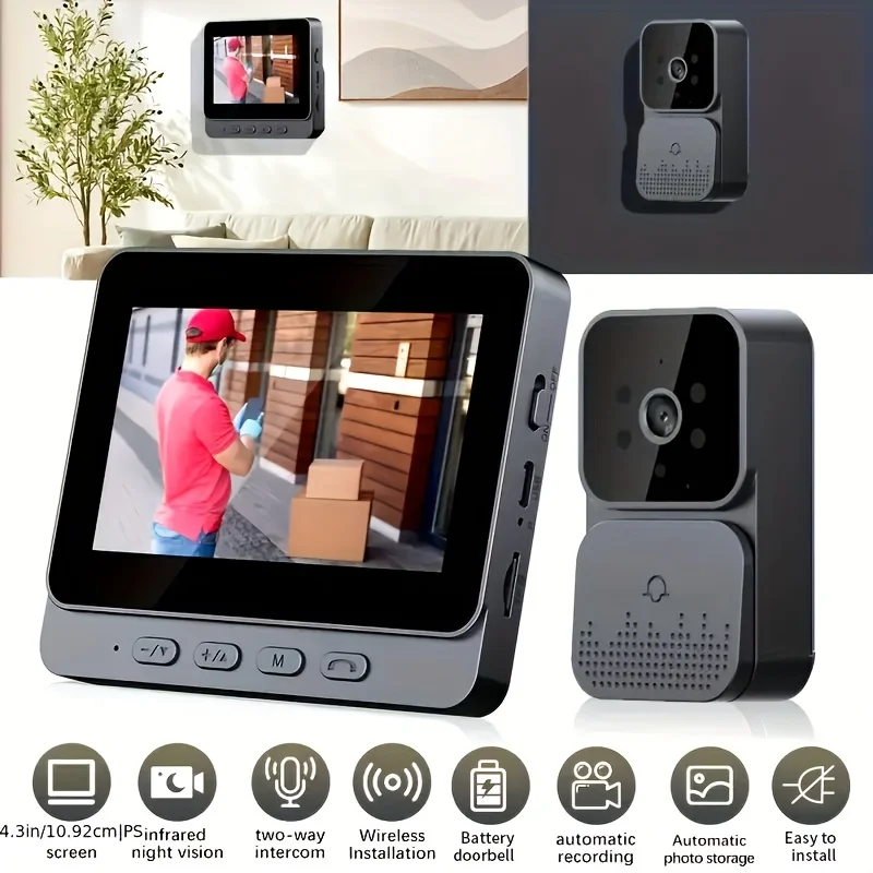 XBIBI Wireless Video Doorbell, doorbell ring camera wireless, doorbell camera wireless no subscription, 4.3-inch IPS Monitor Screen Door Bell Camera , Two-Way Audio, No WiFi Required, No APP, for Home, Villa, Apartment, Easy Installation