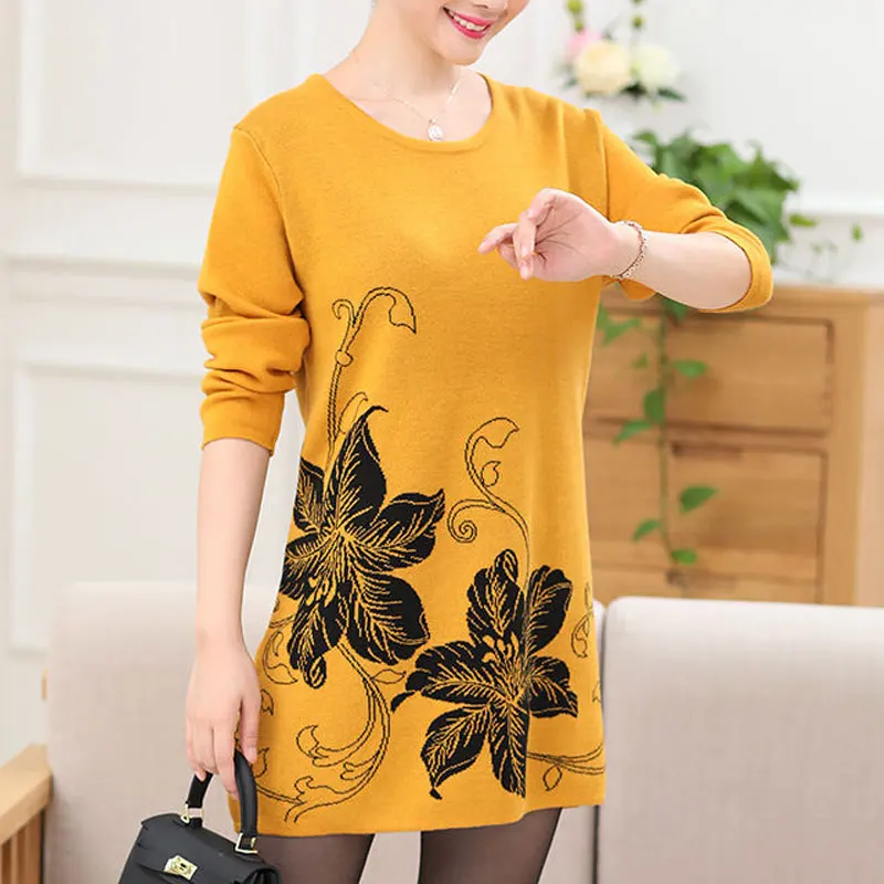 

Stylish Floral Printed Knitted Mini Dress Female Clothing Casual Round Neck Spring Autumn Vintage Screw Thread Straight Dresses