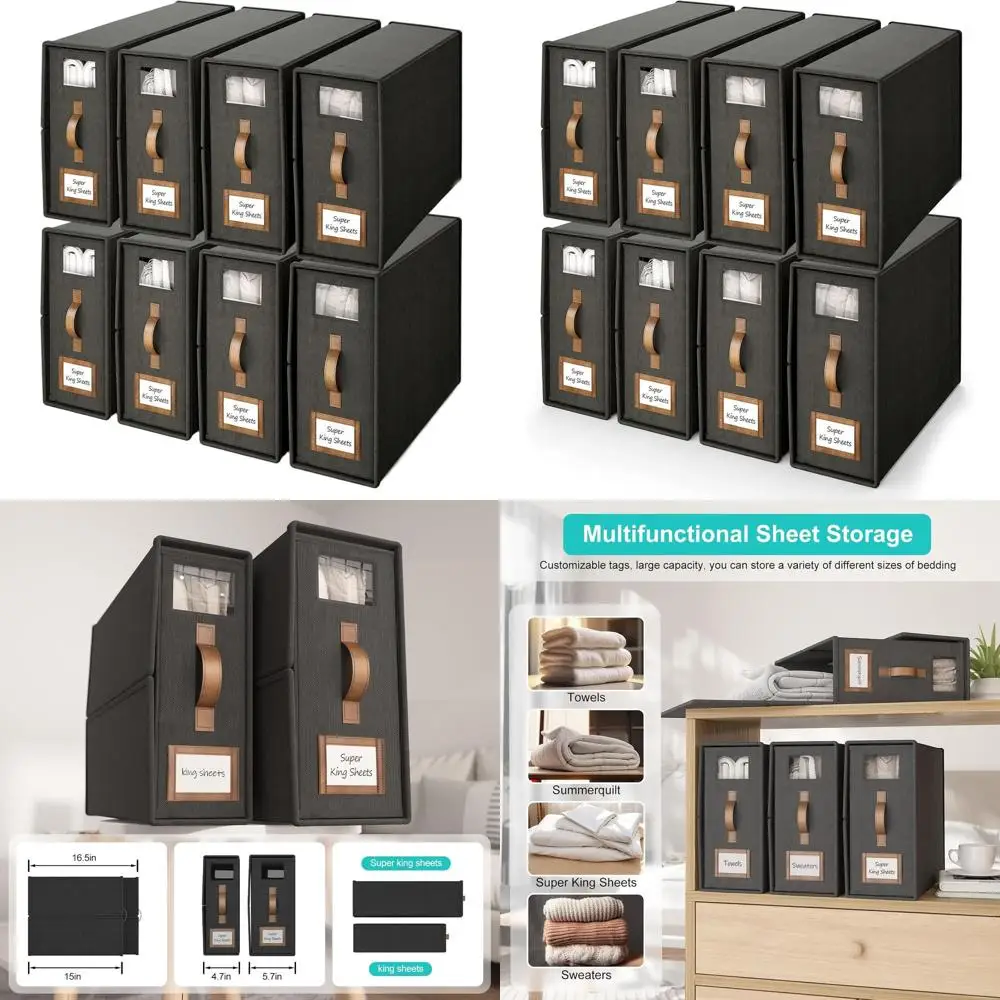 

Cal King Size Collapsible Bed Sheets Organizer with Linen Fabric and Window, Storage Box for Bedding - Black