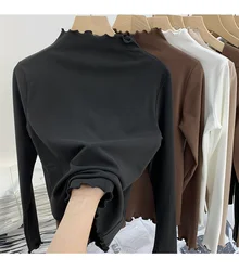 Double-Sided Fleece Thickened Slim Fit  Color Half-High Collar Base Shirt Inner Wear Wood Grain  T-Shirt Women's Fas...