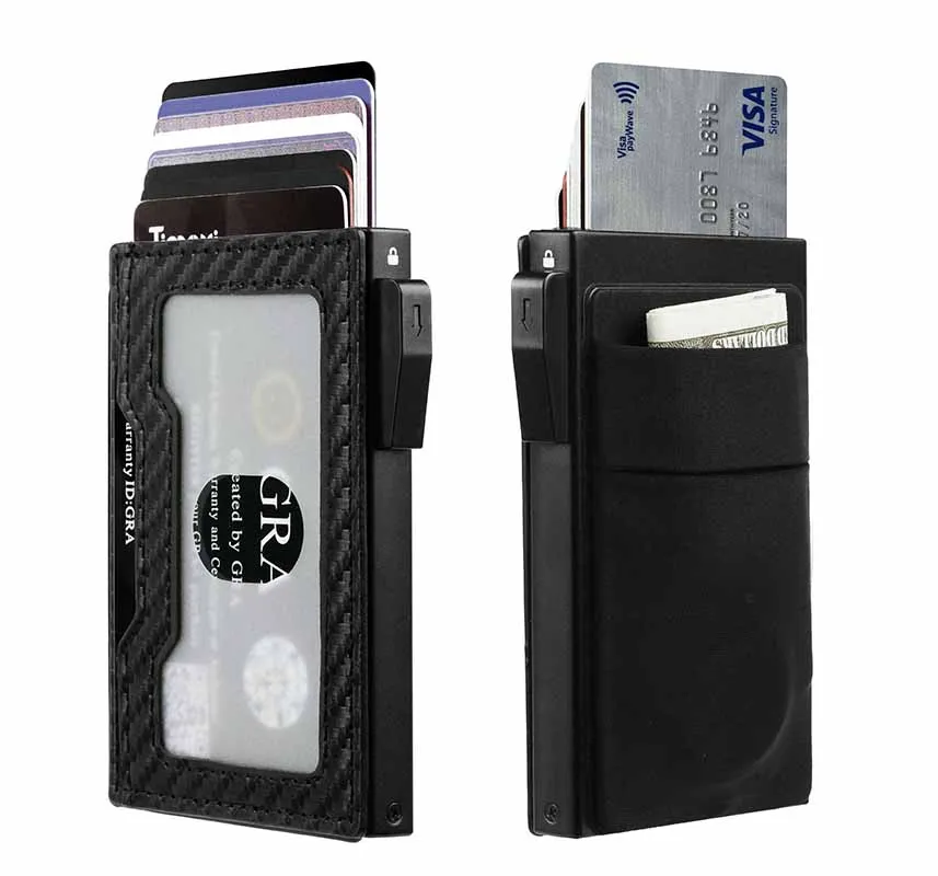 Men's Ultra-Thin Aluminum Card Holder RFID-Blocking Minimalist Metal Pop-Up Wallet Holds 12+ Cards-Cash, Carbon Fiber Wallet