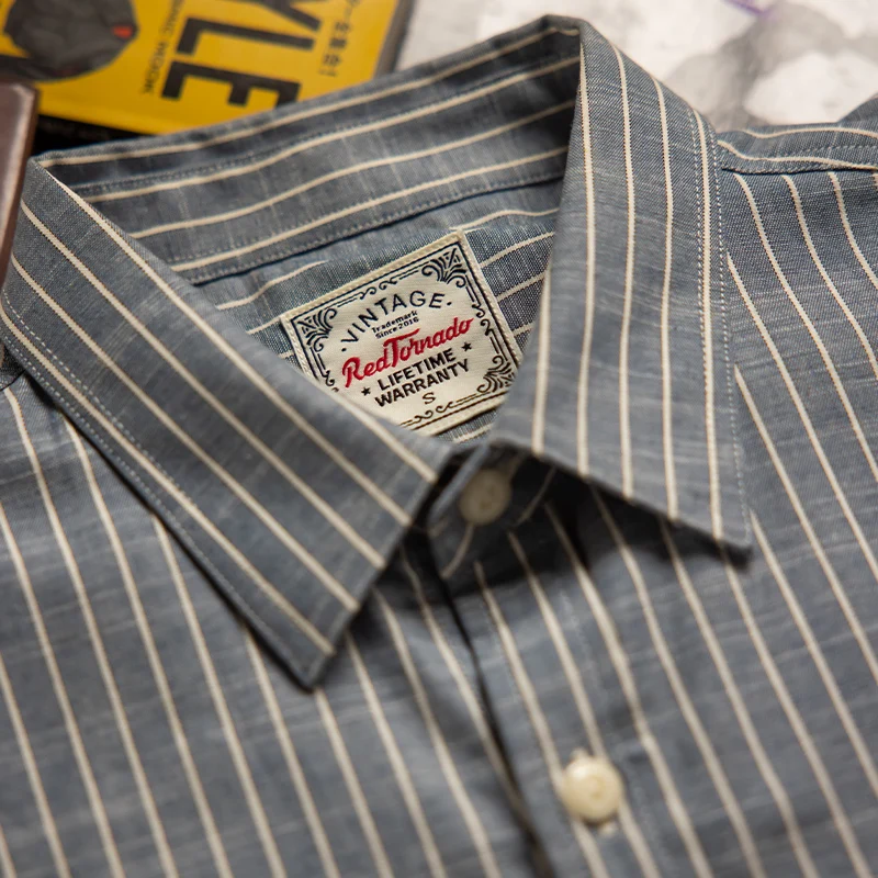 Short-sleeved Vertical Striped Shirt Americana Khaki Vintage Retro Jacket Summer Pure Cotton Shirts for Men New Arrival