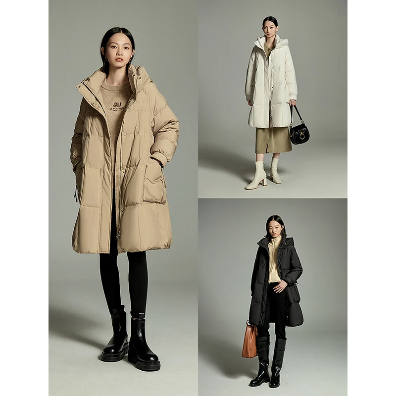 Toyouth Women Long Down Jacket 2023 Winter Stand Collar Thick Hooded Coat Large Pocket Fashion Khaki Black White Overcoat