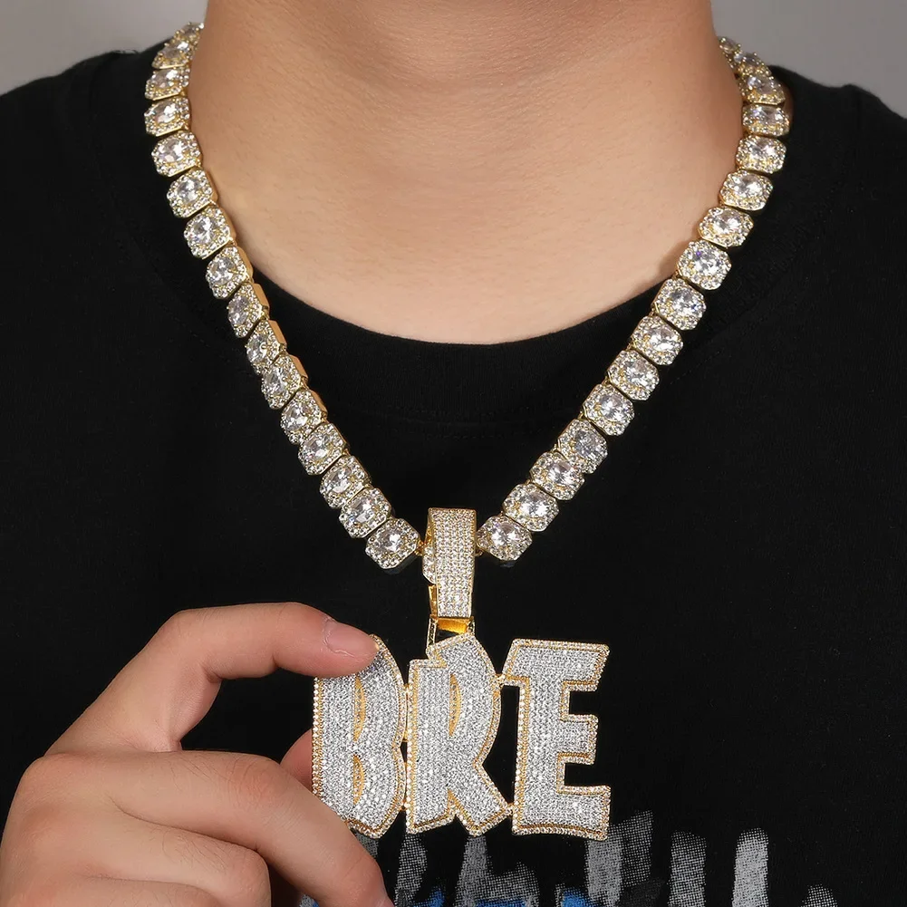 Hip Hop Custom A-Z Letters 0-9 Numbers Pendant Micro Pave Zircon Double Layer Personalized Name Necklace Men Customized Jewelry