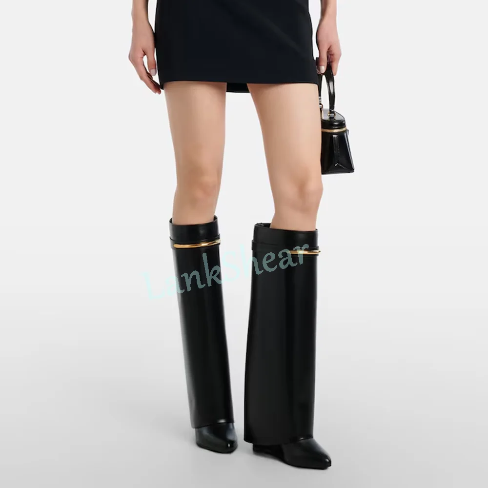 Metal Buckle Decor Knee High Boots Pointed Toe Wedge Slip On Sexy Fashion Women Long Modern Boots 2026 New Arrivals Black Solid