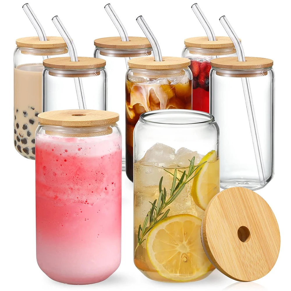 Glass Cups with Bamboo Lids and Straw 500ml Mason Jarss Coffe Mug Beer Can Shaped for Coktail Whiskey Milk Juice Cola