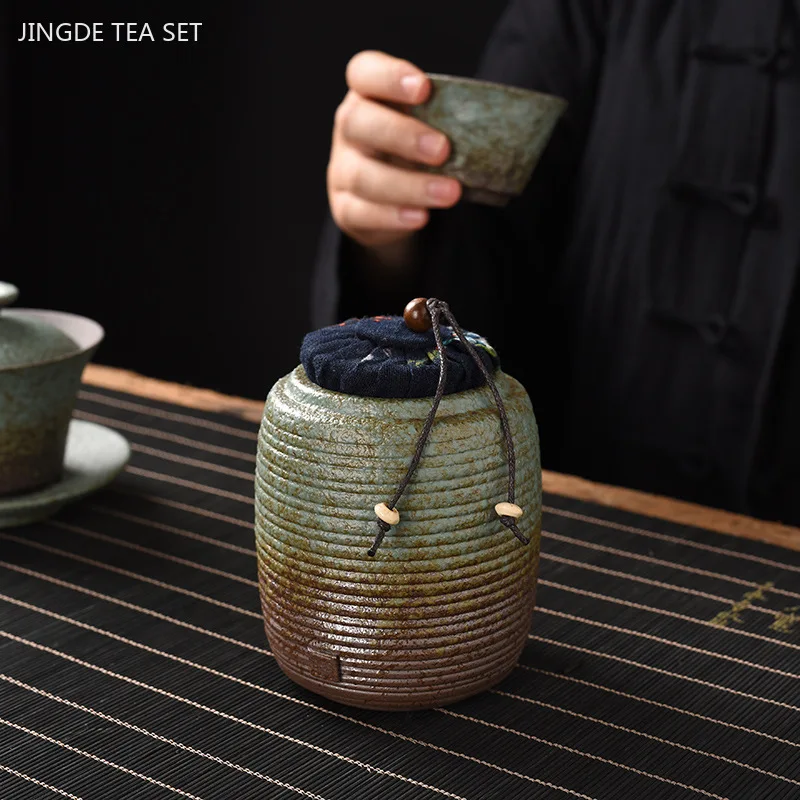 Vintage Stone Green Coarse Pottery Tea Container Household Sealed Tank Japanese Ceramic Tea Storage Tank Kitchen Coffee Storage