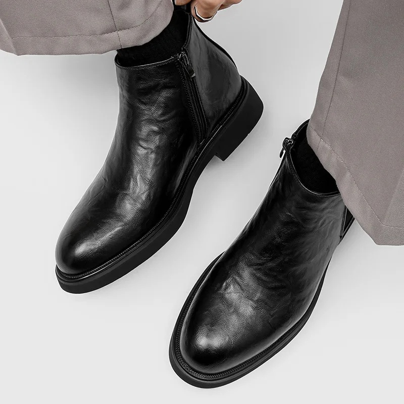 أحذية تشيلسي كاجوال للرجال لمكتب الأعمال باللون الأسود والبني سهلة الارتداء أحذية رعاة البقر الأصلية من الجلد قابلة للتنفس أحذية كاحل لطيفة #4