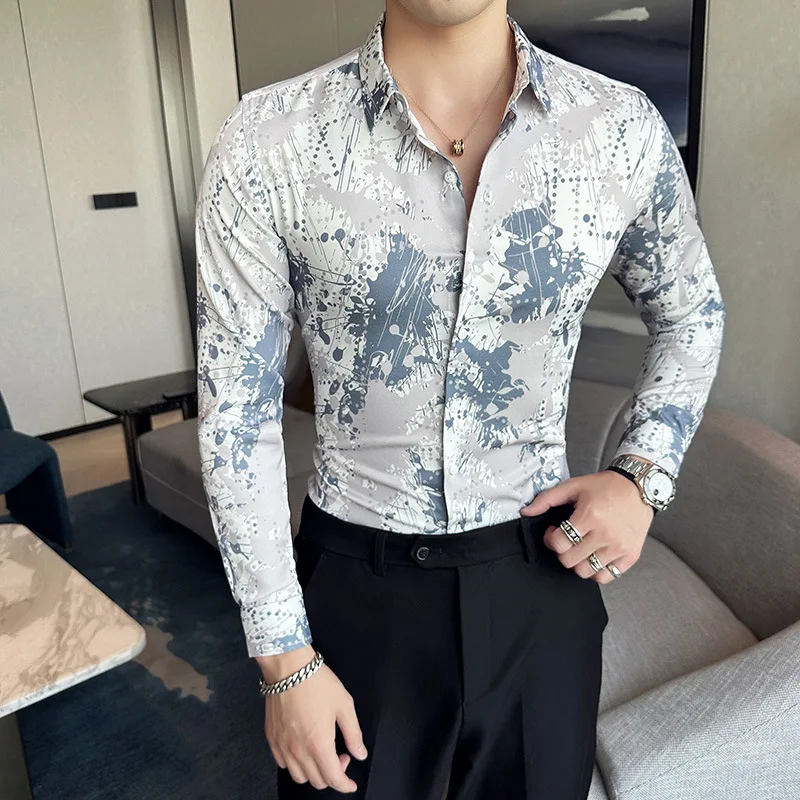 Kemeja motif Digital 3D untuk pria, kelas atas mewah kerah lengan panjang bisnis klub Prom sosial Camisa Masculina 6XL