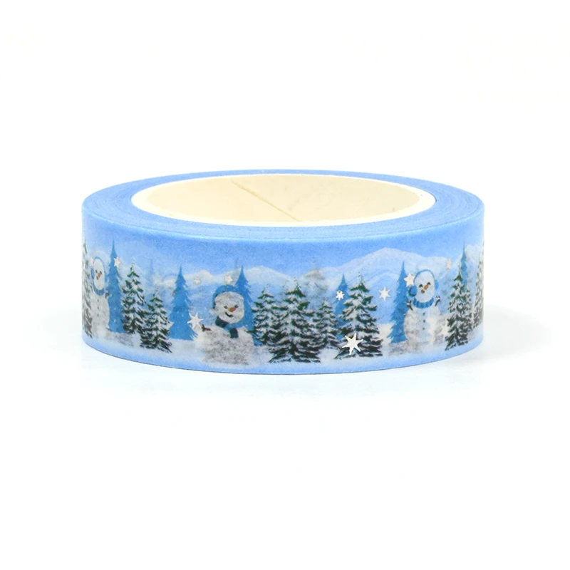 Washi Tapes for Gift Round and Journal, Masking Tape, Cute Staacquering, Deco Silver Foil, Snow World Blue Christmas Trees, 10 PCs/Lot, Nouveau