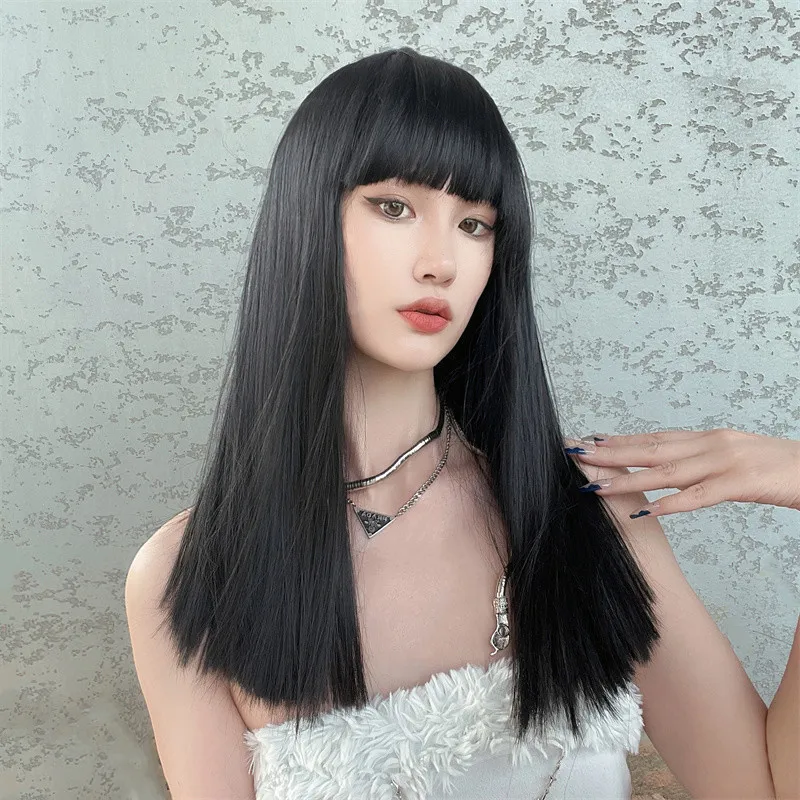 Export women's medium-long hair wig with bangs, high-temperature fiber, fashionable long straight hair, machine-woven full head