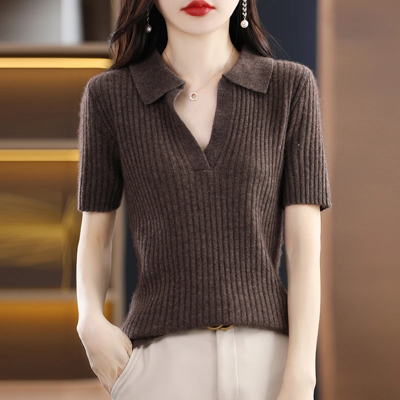 

Autumn and Winter New 100% Pure Wool Women Polo Collar Pullover Cashmere Half Sleeve Solid Color Undercoat Sweater Shirt