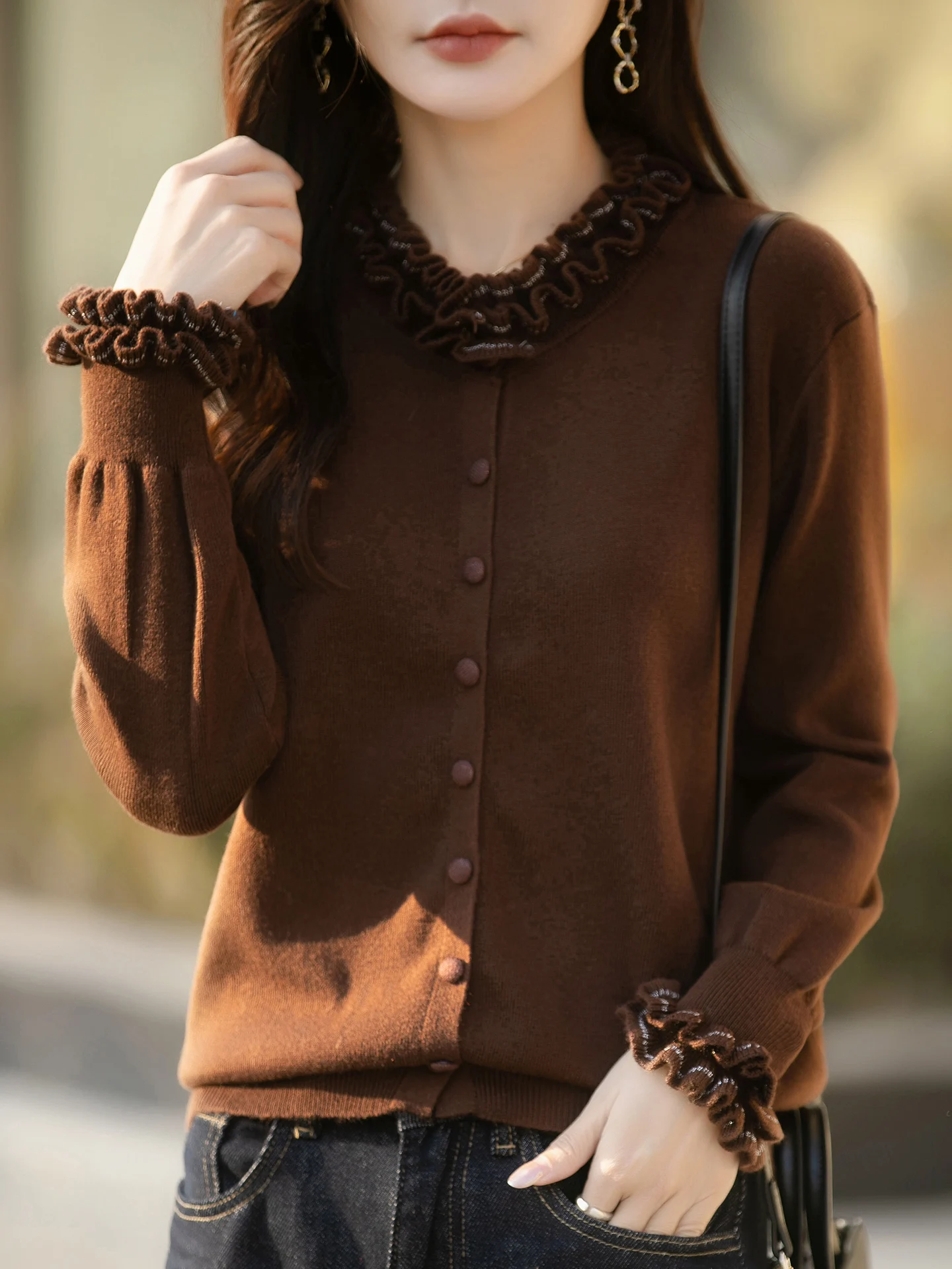 

Шелковый вязаный кардиган с открытым передом, женский, с омолаживающим эффектом, с воротником-цветком, длинными рукавами, осенне-зимний, с кружевным воротником, свитер...