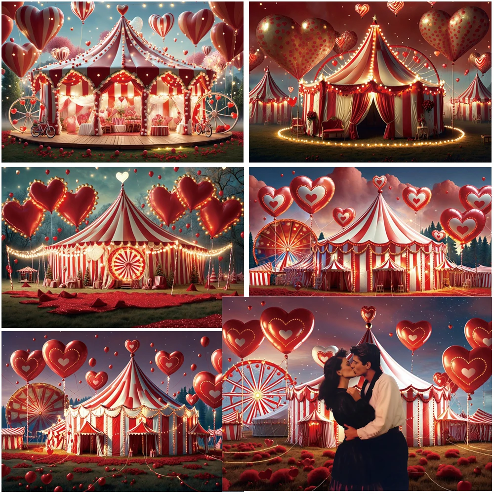 

MOON.QG Magical Valentine's Day Photography Background Heart Balloons Festive Light Tents Circus Backdrop Women Photocall Poster