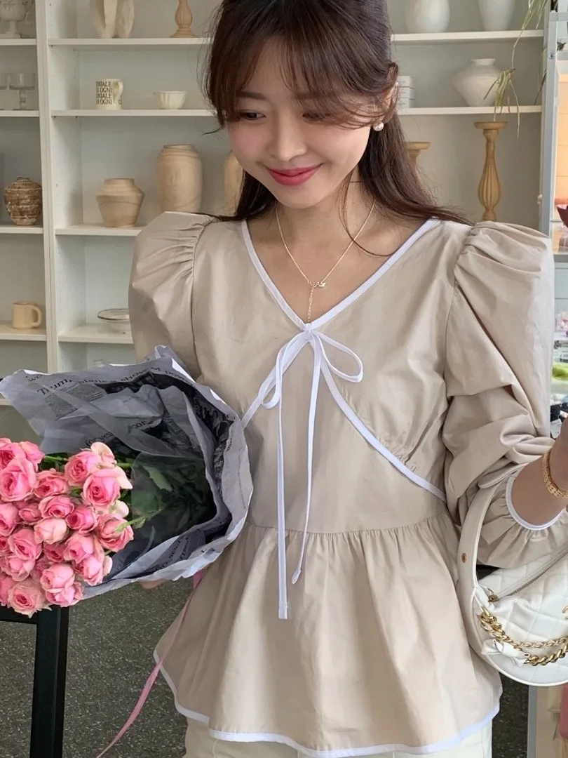 

Spring New Sle Women's irt Knot Cross Tie Blouse Splicing Lace Young Looking Personali Floral Pattern