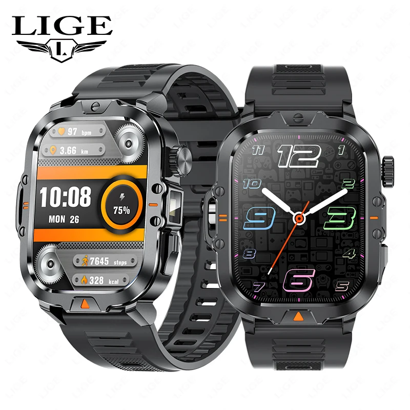 

LIGE 2.01 Inch LED Flashlight Smart Watch 410mAh Large Battery IP68 Waterproof 100+ Sports Modes Military Outdoor New Smartwatch