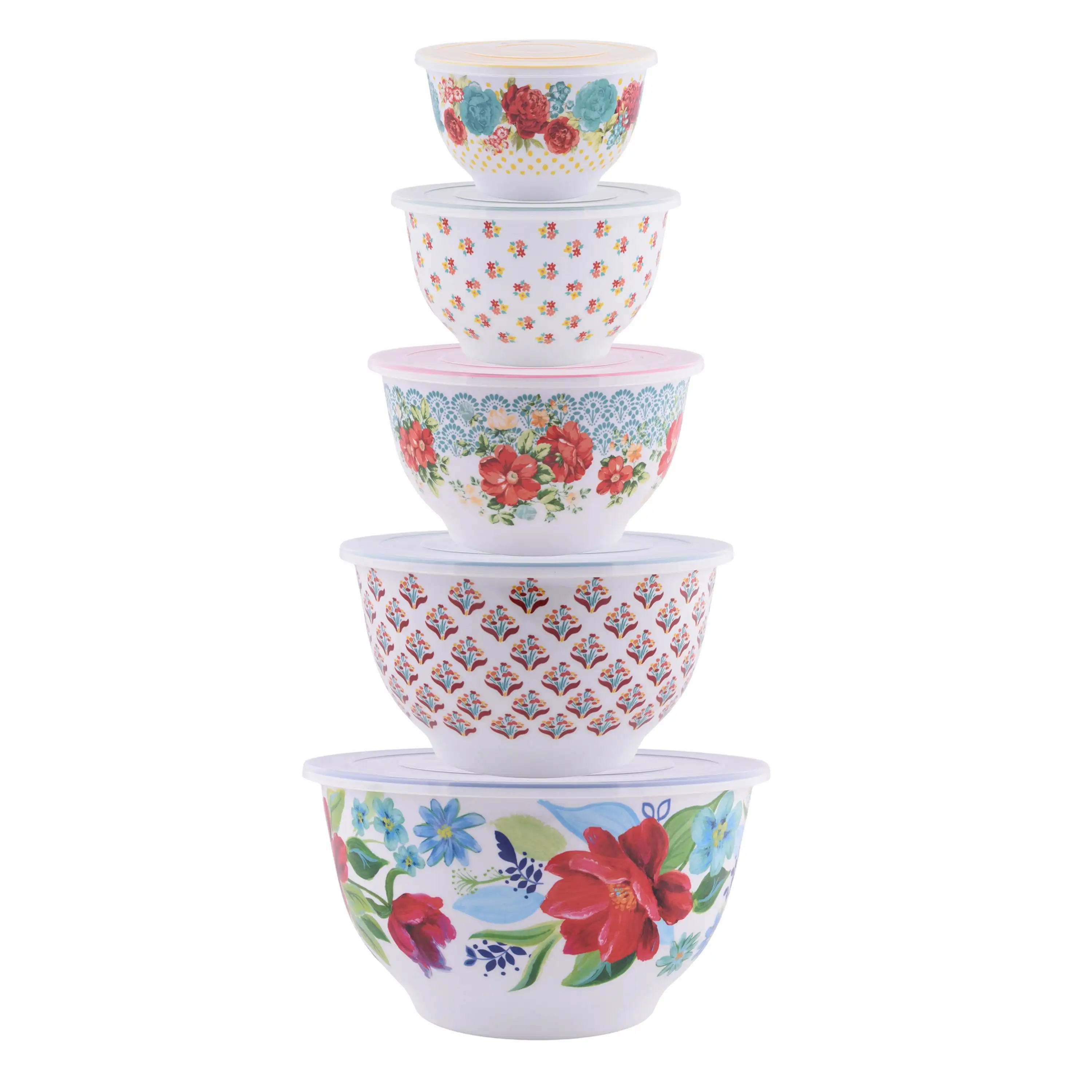Melamine Mixing Bowl Set 10 Piece Spring Bouquet, Nesting Mixing Bowls with Lids, Durable Kitchen Prep & Serving Bowls