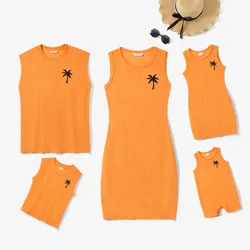 PatPat Family Matching Orange Terry Tank Top and Bodycon Tank Dress Sets Suitable for Summer Season Soft and Comfortable