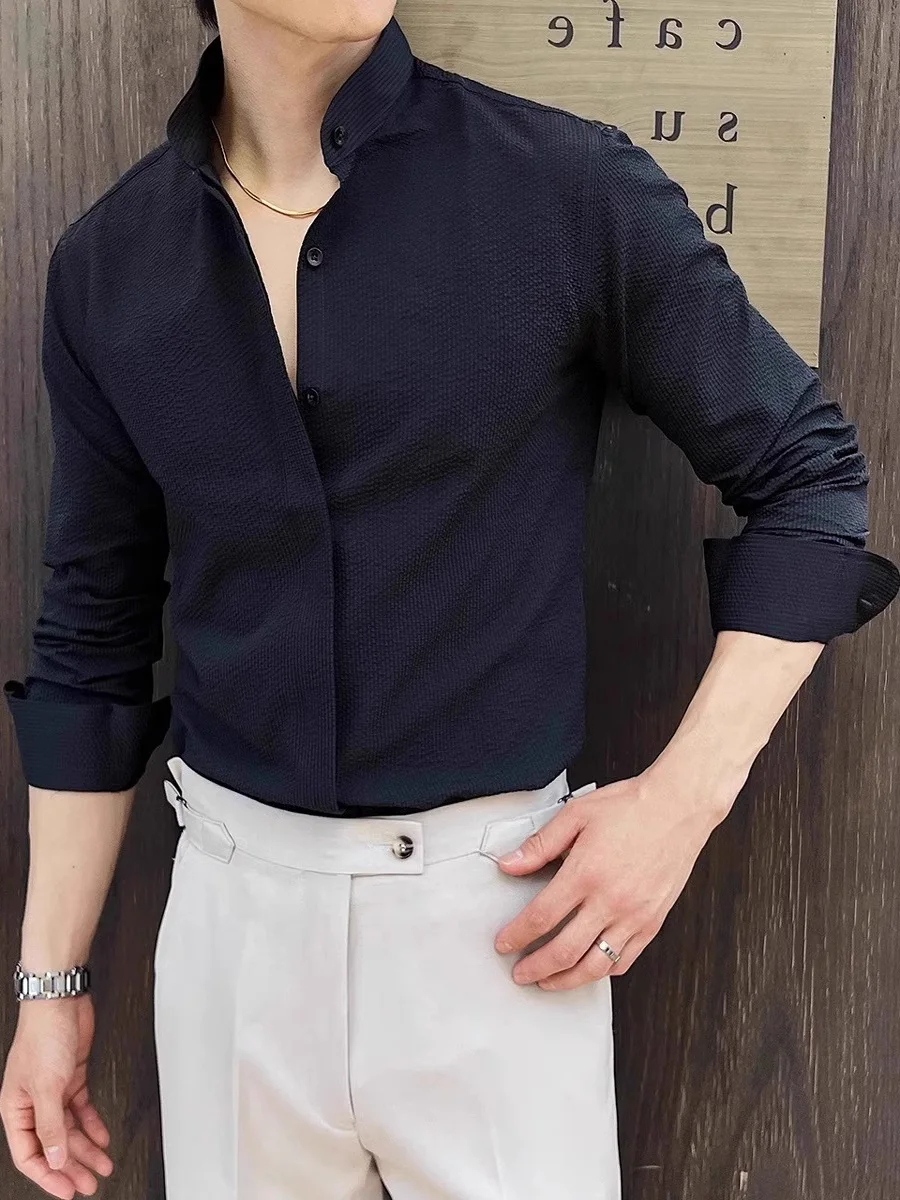 

Мужская рубашка с длинным рукавом и воротником-стойкой, не требующая глажки, однотонная, модная, деловая, весна-лето