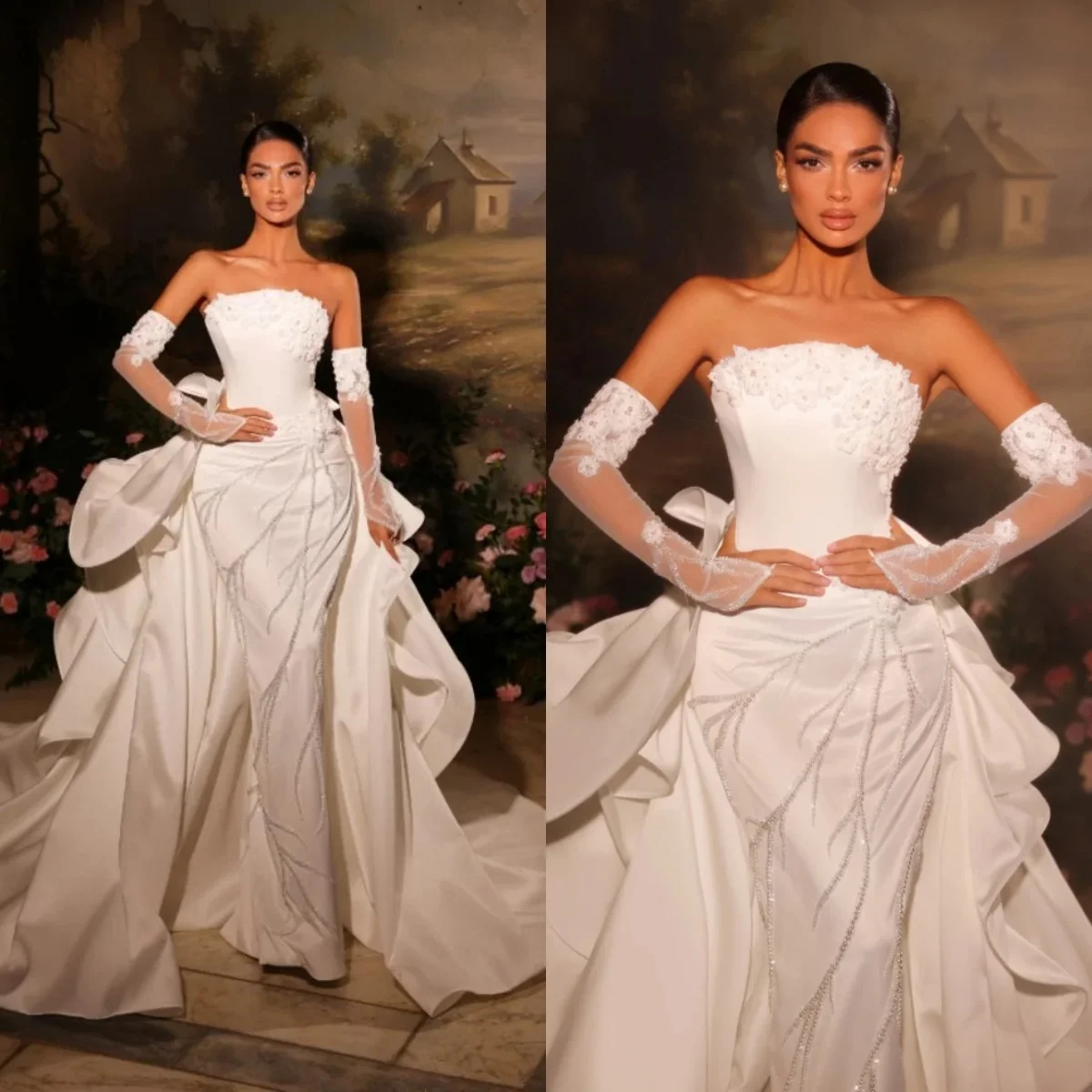 

Элегантные свадебные платья с аппликациями, без бретелек, фасона «русалка», с накидками, пайетками, открытой спиной, на заказ.